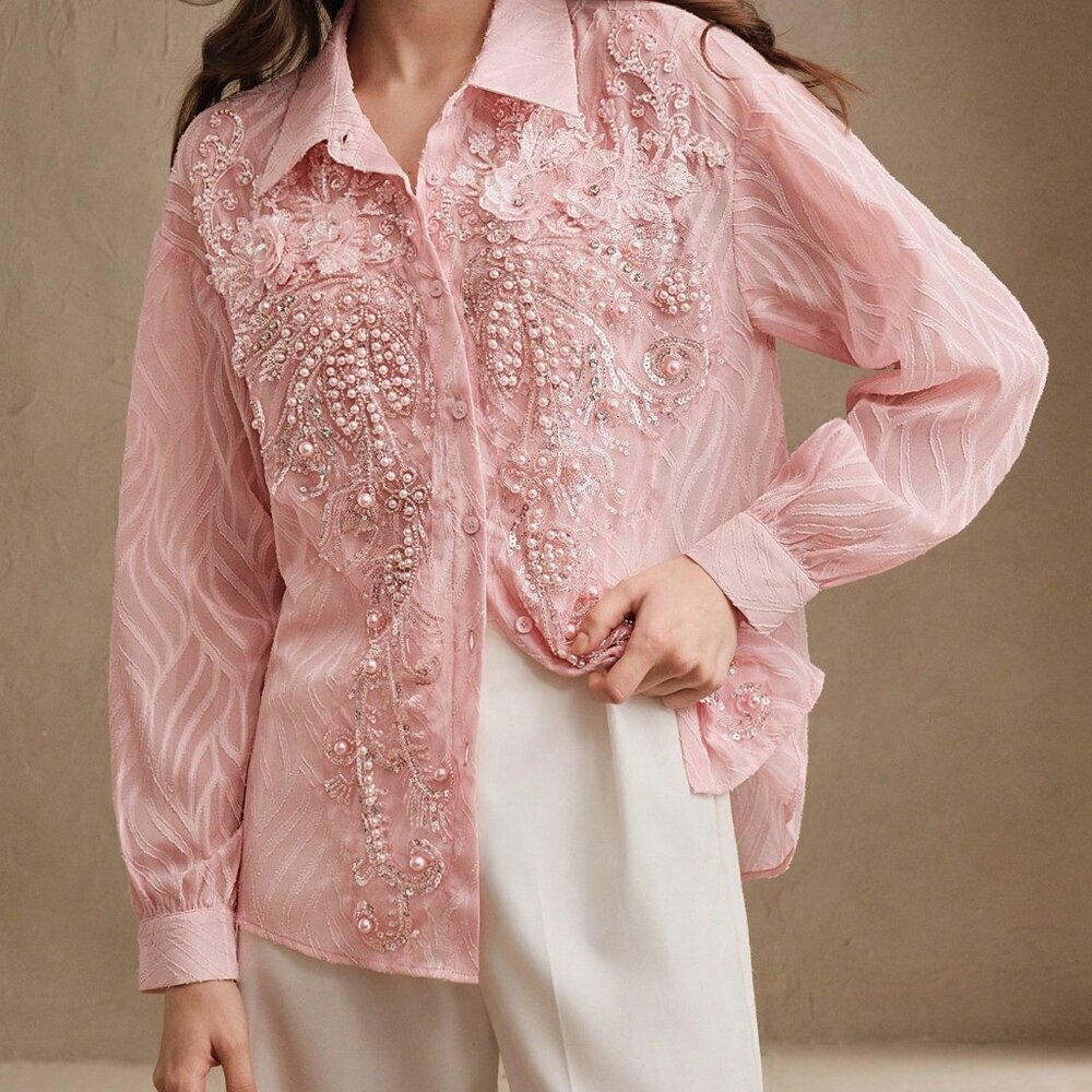 Baby Pink Elegant Women's French Beaded Floral Casual Long Sleeve Sheer Textured - Picture 4 of 8